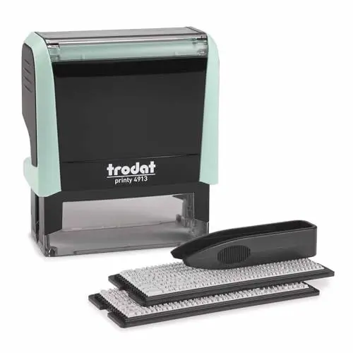 Produktbild: Trodat Printy 4913 Stempelset in Pastell Grün zum Selbersetzen - 5 Textzeilen, Abdruck 58x22 mm, Deutsch, inkl. Pinzette, Stempelkissen schwarz & Buchstaben- und Zahlenset in zwei Größen