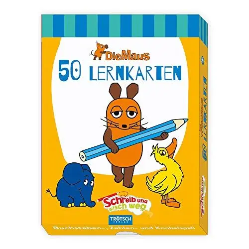 Produktbild: Troetsch Die Maus Lernkarten schreib und wisch weg 50 Karten mit Stift und Schwamm: Übungskarten Lernspiel Vorschule Grundschule