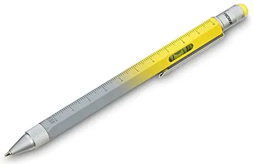 Produktbild: TROIKA Construction Multitasking Kugelschreiber, in der gelb, aus gebürstetem Messing, schwarzer Mine,mit Zentimeter-/Zoll-Lineal, 1:20/1:50 Skala, Wasserwaage, Schraubendreher, PIP20YE/GY