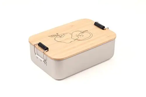 Produktbild: TROIKA Lunchbox mit Bügelverschluss und Apfelmotiv aus Aluminium und Bambus, Deckel als Schneidebrett verwendbar, Maße: 18cm x 11,6cm x 5,5cm, BOX22-A187