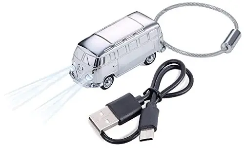 Produktbild: TROIKA Metall Schlüsselanhänger VW T1 Bus mit Taschenlampe und USB Anschluss, KR21-40/VW Silber handlich