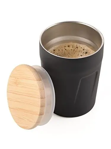 Produktbild: Troika Thermobecher mit Deckel für Heißgetränke aus Edelstahl und Bambus in der Farbe Schwarz-Braun 160ml, CUP75/BK