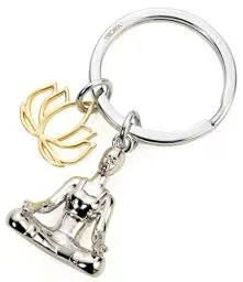 Produktbild: Troika Yoga Schlüsselanhänger mit Zwei Anhängern, Motiv: Frau im Yoga Meditationssitz und stilisierte Lotusblüte, aus Metallguss, Farbe: Silber/Gold, KR22-01/CH
