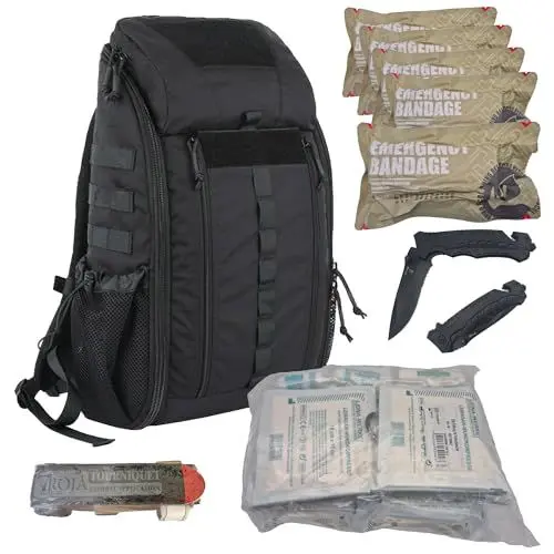 Produktbild: Troja Tactical Stop Bleeding Rucksack: Erste-Hilfe-Set mit 5 Stück Notfallbandagen, 1 Tourniquet, 2 Messern und 62 teiliges Erste-Hilfe-Kit ÖNORM Z 1020 Typ 2