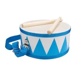 Produktbild: Trommel für Kinder blau-weiss Musikinstrument aus Holz mit Trageriemen und Sticks D: 20 cm- 3845