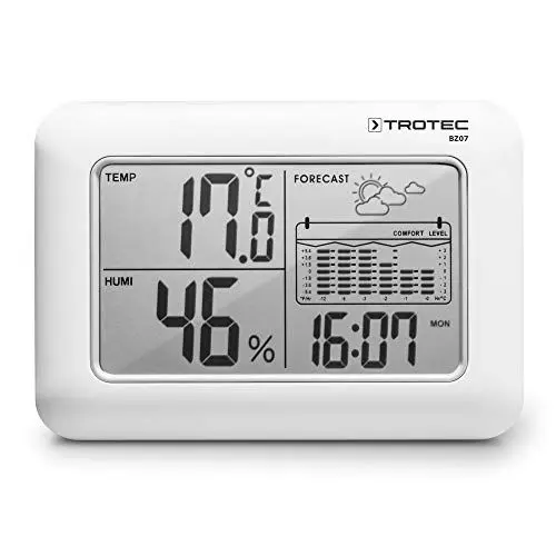 Produktbild: TROTEC BZ07 Wetterstation 6-in-1-Kombigerät mit Innenraum-Klimawerten, Wettertrend, 12-Stunden-Temperaturstatistik, Wohlfühlindikator, Zeit-/Datumsanzeige und Digitalwecker BZ