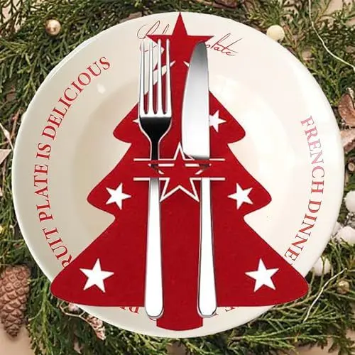 Produktbild: Trrrioosy Besteckhalter Weihnachten Filz 12 Stück Weihnachten Tischdeko Weihnachts Messer Gabeln Löffel Geschirr Besteck Taschen (Weihnachtsbaum Rot)