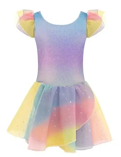 Produktbild: trudge Ballettkleidung Ballettkleid für Mädchen Kinder Kurzarm Baumwolle Balletttrikot Ballettanzug Tanzkleid Tanzbody mit Rock Tütü Regenbogen2 130