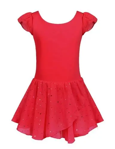 Produktbild: trudge Kinder Ballettkleidung Ballettkleid Mädchen Kurzarm Baumwolle Balletttrikot Ballettanzug Tanzkleid Tanzbody mit Rock Tütü Rot 120