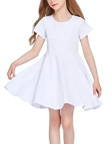 Produktbild: trudge Kleider für Kinder Mädchen Sommer Kleid Kurzarm A-Linie Baumwolle Kleid Einfarbig Rundhals T-Shirt Kleider Partykleid Hochzeit kinderkleidung Einschulung Kleid Weiß 130