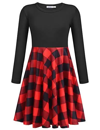 Produktbild: trudge Kleider für Mädchen Kariert Kleid Baumwolle Kinderkleider Rote Herbst Kleid A-Linie T Shirt Kleid Winter Weihnachtskleid 130/8-9 Jahre