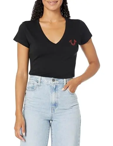 Produktbild: True Religion Brand Jeans Damen T-Shirt mit Buddha Cities Logo Rundhalsausschnitt, Schwarz (Jet Black), X-Klein