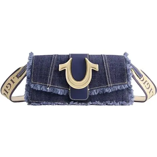 Produktbild: True Religion Damen Geldbörse Fransen Denim Mini Flap Crossbody Handtasche mit Hufeisen Logo Umhängetasche