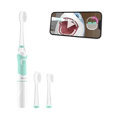 Produktbild: TrueLife SonicBrush Kid G Sonische Zahnbürste für Kinder von 5-9 Jahren, Lehrvideo, 3 Bürstenköpfe, Timer, weiche Borsten, 30 Tieraufkleber, LED Beleuchtung, Batteriebetrieben, kompaktes Design,
