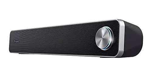 Produktbild: Trust Arys Soundbar, PC Lautsprecher, USB Betrieb, 12 W Spitzenleistung, 3,5 mm AUX Anschluss, Computer Boxen für PC, Monitor, Laptop, TV, Musik - Schwarz