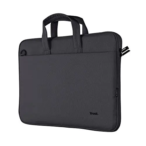 Produktbild: Trust Bologna Slim Laptop Eco Tasche bis 16 Zoll aus Recyceltem Kunststoff, mit Schultergurt, Nachhaltige Umhängetasche für Reisen, Business, Büro, Schule - Schwarz