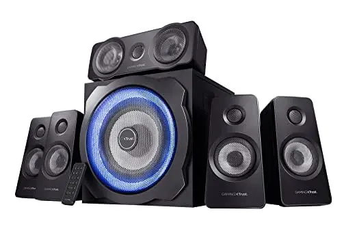 Produktbild: Trust Gaming 21738 GXT 658 Tytan 5.1 Surround PC Lautsprecher mit Subwoofer, Speakers mit LED Beleuchtung, Soundsystem für PC, Laptop, Konsole, TV, Schwarz, 180 W (90 W RMS)