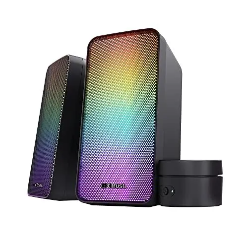 Produktbild: Trust Gaming GXT 611 Wezz 2.0 PC Lautsprecher mit RGB LED-Beleuchtung, 12 W (6 W RMS), 3,5 mm AUX Klinke, USB Soundsystem, Stereo Computer Boxen für PC, Laptop, Tablet, Desktop - Schwarz