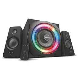 Produktbild: Trust Gaming GXT 629 Tytan 2.1 PC Lautsprecher mit Subwoofer, 120 W, 3,5 mm AUX Klinke, PC Boxen mit RGB LED Beleuchtung, Gaming Lautsprecher für PC, Laptop, Computer, Tablet, Smartphone - Schwarz