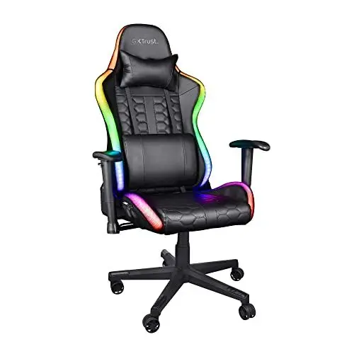 Produktbild: Trust Gaming GXT 716 Rizza Gaming Stuhl mit RGB LED-Beleuchtung, 350 Farben und Effekten, Höhenverstellbare Armlehnen, Rundum Drehbar, Ergonomischer Bürostuhl, Gamer Stuhl - Schwarz