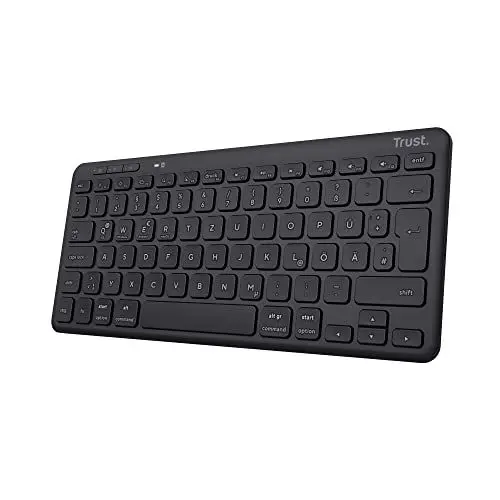 Produktbild: Trust Lyra Kompakte Bluetooth Tastatur, QWERTZ-Layout, 85% Recyclingkunststoff, Multi-Device Funktastatur, Wiederaufladbare Tastatur Kabellos für PC, Laptop, Mac, iPad, Android, iOS – Schwarz