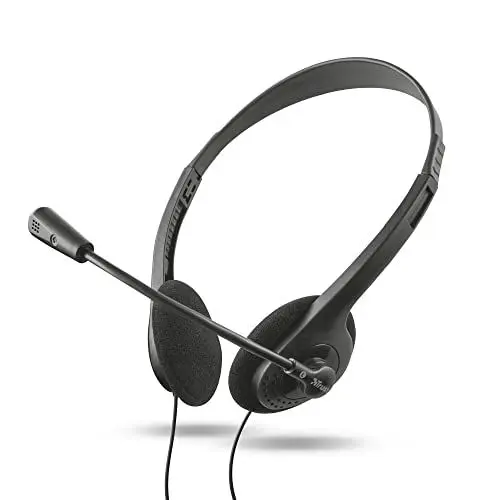 Produktbild: Trust Primo Chat Kopfhörer mit Kabel 3.5 mm, Einstellbares Mikrofon, Leichtes Design, Y-Adapter, 1,8 m Kabel mit Lautstärkeregler, Kabelgebundenes PC Headset für Mac Office Skype Teams, Schwarz
