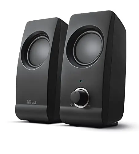 Produktbild: Trust Remo 2.0 PC Lautsprecher Boxen 16 W (8 W RMS), 3,5 mm Audioanschluss, Stromversorgung über USB, Kompaktes Soundsystem, Stereo Lautsprecherset für Computer, Laptop – Schwarz