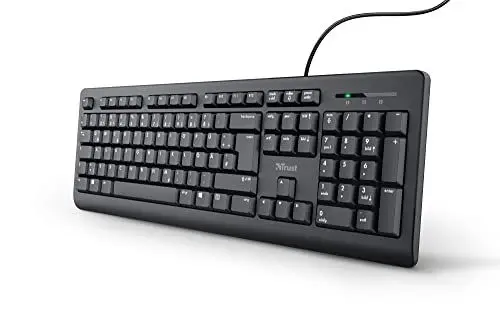 Produktbild: Trust Taro Kabelgebundene Tastatur, Deutsches QWERTZ Layout, Leise Tasten, Spritzwassergeschützt, USB-Anschluss, 1.8 m Kabellänge, PC Tastatur für Computer, Laptop, Mac, Windows, macOS – Schwarz