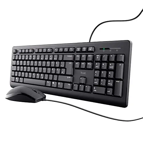 Produktbild: Trust Taro Kabelgebundenes Tastatur und Maus Set, Deutsches QWERTZ Layout, Leise Tasten und Maustasten, Spritzwassergeschützt, USB-Anschluss, für PC, Laptop, MacBook, Windows, macOS - Schwarz