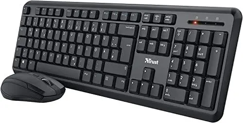 Produktbild: Trust Ymo Tastatur Maus Set Kabellos, Deutsches QWERTZ Layout, Leise Tasten und Maustasten, Spritzwassergeschützt, Funkmaus mit DPI-Taste, USB-Empfänger, PC, Laptop, Windows, macOS - Schwarz