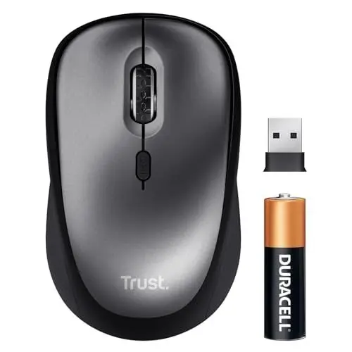 Produktbild: Trust Leise Funkmaus mit Batterie für Rechts- und Linkshänder, 800-1600 DPI, 83% Recyclingkunststoff, Verstaubarer USB Mikroempfänger, Kompakte Maus Kabellos für Laptop, PC, Mac - Schwarz