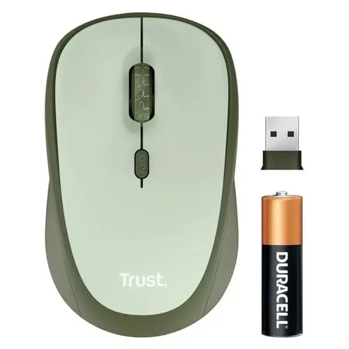 Produktbild: Trust Yvi+ Leise Funkmaus, Nachhaltiges Design, 800-1600 DPI, für Rechts- und Linkshänder, Verstaubarer USB Mikroempfänger, Kompakte Maus Kabellos für Laptop, PC, Desktop, Mac - Grün