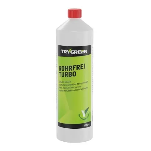 Produktbild: TRYGREEN Abflussreiniger Rohrfrei Turbo - löst Haare in Minuten vollständig auf. Der STÄRKSTE Rohrreiniger, mehr geht nicht! Für Bad, Toilette, Dusche. Flüssig - kein Schaum - kein Gestank.