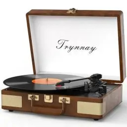 Produktbild: Trynnay Plattenspieler Schallplattenspieler 3-Gang-Bluetooth, tragbarer Koffer-Vinyl-Player mit integrierten Lautsprechern, Plattenspieler, verbesserter Audio-Sound, PU-Leder,Mandel