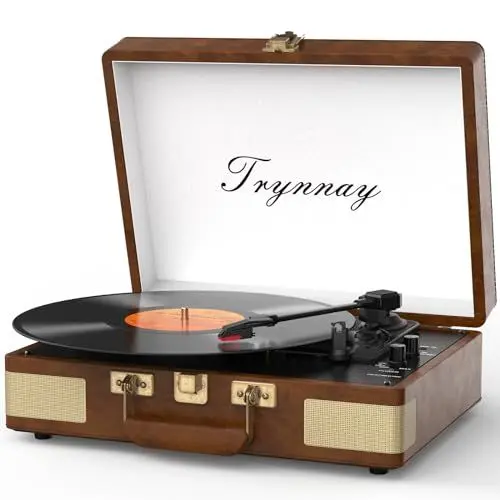 Produktbild: Trynnay Plattenspieler Schallplattenspieler 3-Gang-Bluetooth, tragbarer Koffer-Vinyl-Player mit integrierten Lautsprechern, Plattenspieler, verbesserter Audio-Sound, PU-Leder,Mandel