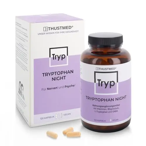 Produktbild: Tryptophan Night - gesunder Schlaf und entspanntes Einschlafen und Durchschlafen durch aktive Vitamine, Magnesium, Tryptophan, GABA und Melantonin, 120 Kapseln, vegan, hergestellt in Deutschland