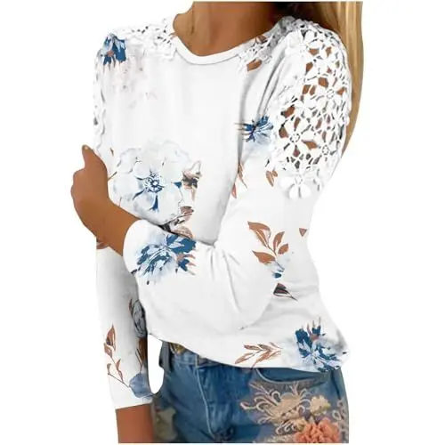 Produktbild: tsaChick Basic Shirt Damen Damen Kurzarmshirt Spitze Rundkragen Langarm Sprüche T-Shirts Damen Longbluse Damen Stricktop Damen Sommer Festliche Kleidung Damen Strandhemd Damen Casual 2024 Neu E9690