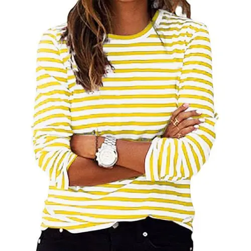 Produktbild: tsaChick Basic Shirt Damen Shirts Damen Gestreift Musselin Italienische Blusen Ringelshirt Damen Rundkragen Langarm Tshirt V Ausschnitt Damen Oversize Shirt Damen Weiss Casual 2024 Neu D7165