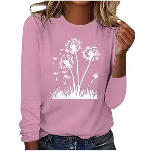 Produktbild: tsaChick Basic Shirt Damen Totenkopf Shirt Damen Dandelion Bedruckte Shirt Weiß Damen Damen Bluse Kurzarm Rundkragen Langarm Stricktop Damen Weste Damen Elegant Damenmode Große Größen E4114