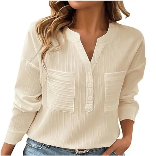 Produktbild: tsaChick Shirts Damen Sommer Damen Langarmshirt Einfarbig Lässige Weißes Shirt Black Edition Sommer Blusen Damen Leicht V-Ausschnitt Langarm Stricktop Damen Sommer Oberteile Damen E5104