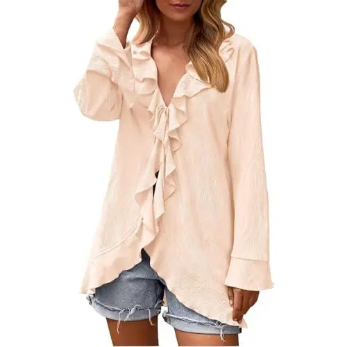 Produktbild: tsaChick T Shirt Damen Stricktop Damen Einfarbig Lässige Langarmshirts Für Damen Damen Longshirt Kurzarm V-Ausschnitt Langarm Long Sleeve Shirt Women Tshirt Damen Baumwolle 2024 Neu D8273