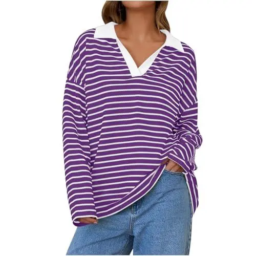 Produktbild: tsaChick Tank Top Damen Shirts Gestreift Lässige Damen Schlafshirt Blusen & Tuniken Für Damen Kläppchenkragen Langarm Stricktop Damen Sommer Oberteil Damen Elegant Damen Oberteile Sommer E3121