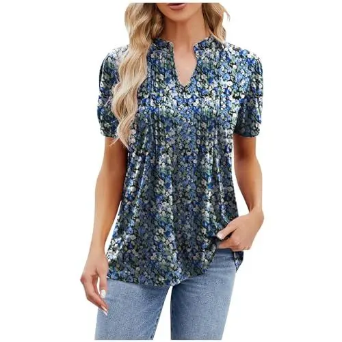 Produktbild: tsaChick Tops Für Damen Damen Shirt Gepunktet Bedruckte Damen T-Shirt Festliche Blusen Und Oberteile V-Ausschnitt Kurzarm Top Baumwolle Damen Ethno Kleidung Damen Strandhemd Damen Lässig E0024