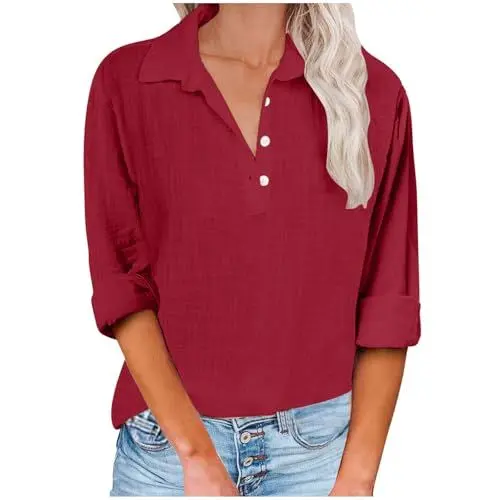 Produktbild: tsaChick Tops Für Damen Raglan Shirt Damen Einfarbig Sommer Tshirt Damen Kläppchenkragen Langarm Schlupfbluse Damen Stricktop Damen Sommer Ethno Kleidung Damen Damen Kleidung Sommer Lässig 2024 Neu