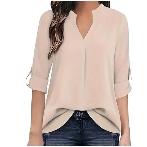 Produktbild: tsaChick Tops Für Damen T Shirts Damen Einfarbig Lässige Tshirt V Ausschnitt Damen Dirndlbluse Spitze V-Ausschnitt Langarm Stricktop Damen Sommer Off Shoulder Oberteil Damen Italienische Mode Damen