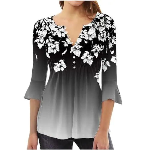 Produktbild: tsaChick Tshirt Damen Sommer Tunika Damen Elegant Gestreift MitknöPfen Tshirt Damen Elegant Tshirt Damen Elegant V-Ausschnitt 3/4 Ärmel Tshirts Beachwear Damen Bluse Kurzarm Damen 2024 Neu D7006