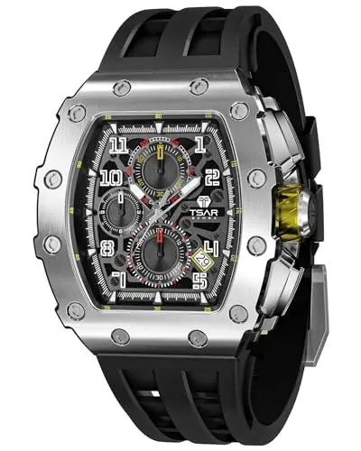 Produktbild: TSAR BOMBA Herren Uhr Tonneau Chronograph 50M Wasserdichter Luxus Skelett Daydate Armbanduhr Stilvolles Cool Tauchen Sport Männer Uhren Japanisches Quarzwerk Saphirglas Geschenk für Männer