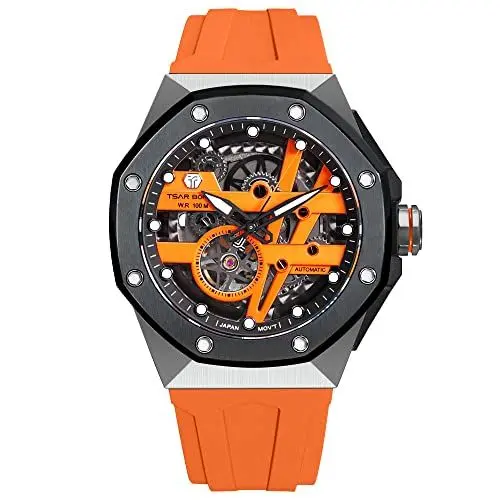Produktbild: TSAR BOMBA Herrenuhren Automatik Uhren Herren Skelett Uhr Herren wasserdichte 10ATM mit FKM Uhrenarmband Schwarz Edelstahl Replikat Achteckig Geschenke Lässig Sport Leuchtende Militär für Männer Uhr