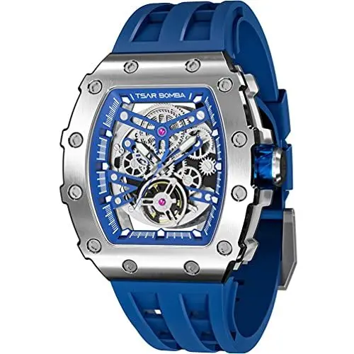 Produktbild: TSAR BOMBA Luxus Herren Automatik Uhr-Keramiklünette-Saphirglas-51M Wasserdicht Herrenuhr-Tonneau Armbanduhr Silikonarmband Leuchtend Elegante Geschenke für Männer