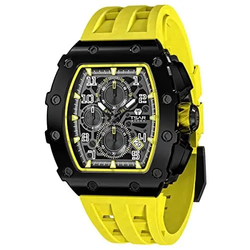 Produktbild: TSAR BOMBA Luxus Herrenuhr Chronograph Tonneau 50M Wasserdicht Saphirglas Japan Quarzwerk TMI VK67 Silikonband Leuchtendes Kalender Männer Uhr